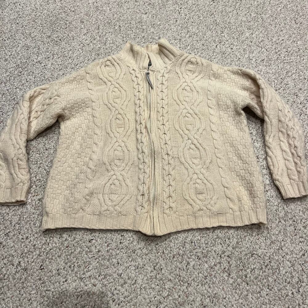 Arancrafts Merino Wool Cable Knit Full Zip Sweater Sz M Womens Cream Classic